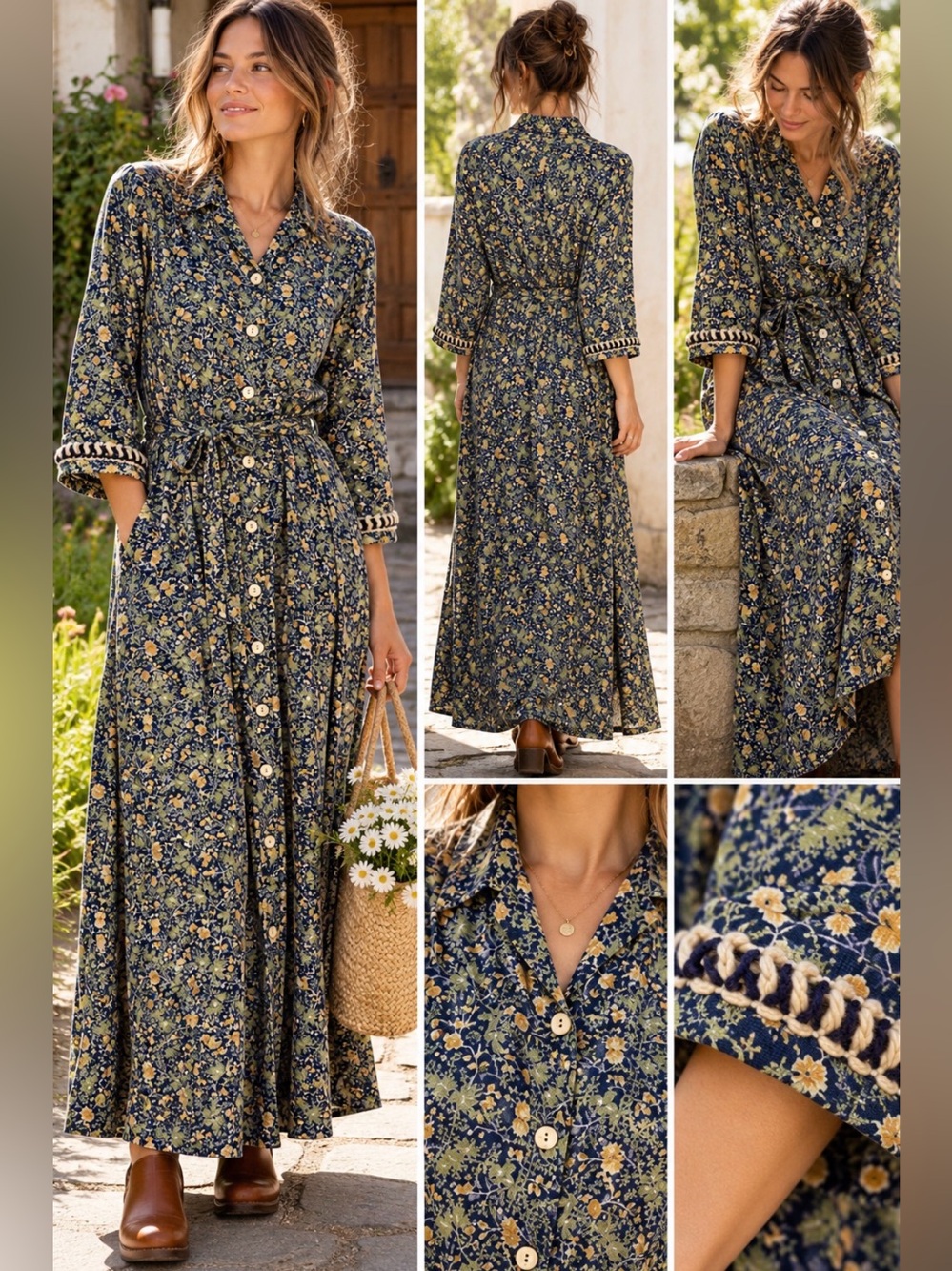 April Cornell Floral 90’s Button Front Maxi Dress Cottagecore Boho Large